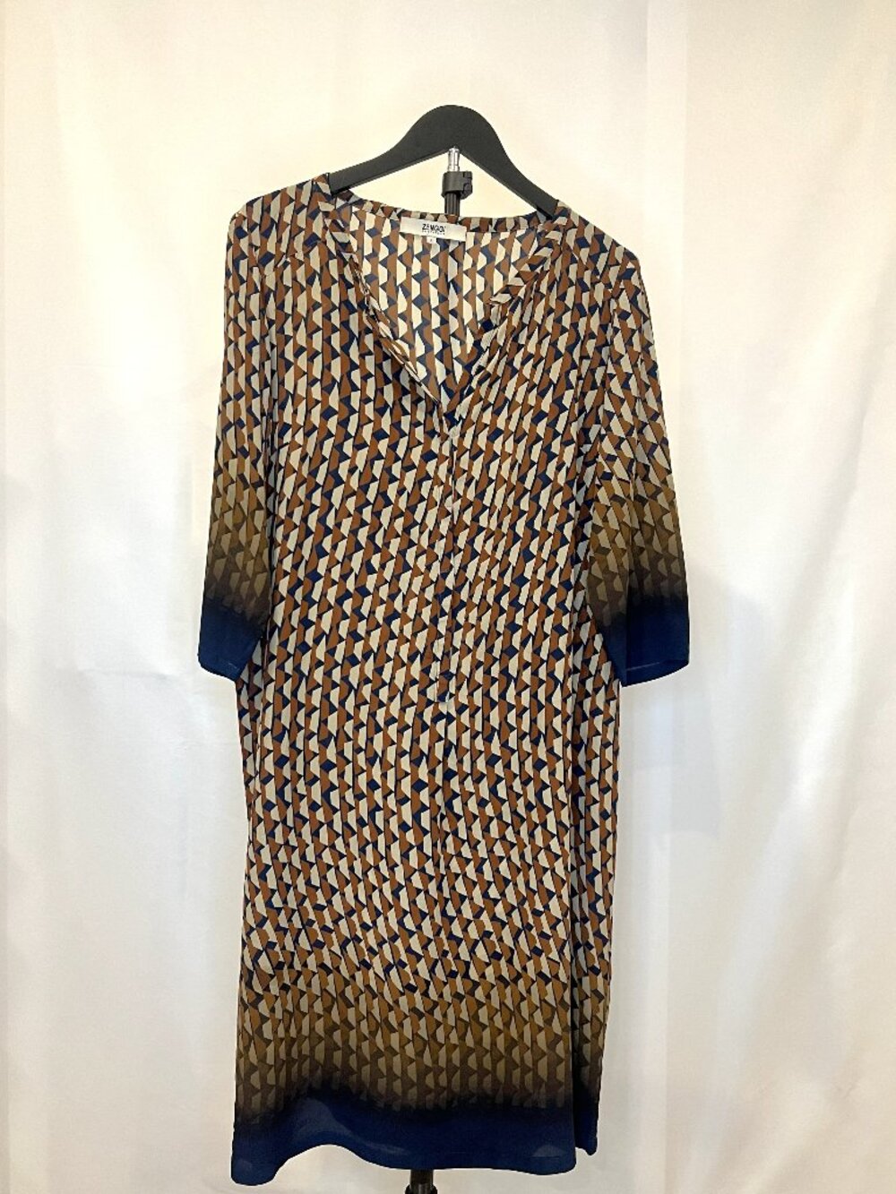 'Zenggi Amsterdam' Geometric Print V-Neck Shift Dress Blue Brown - Size 3en